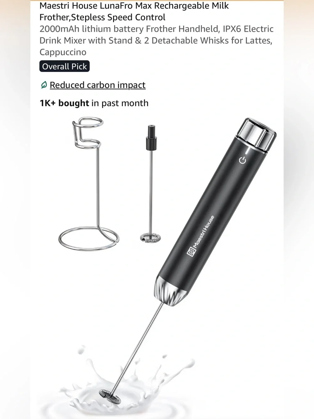 Maestri House LunaFro Max Rechargeable Electric Milk Frother Drink mixer NIOB